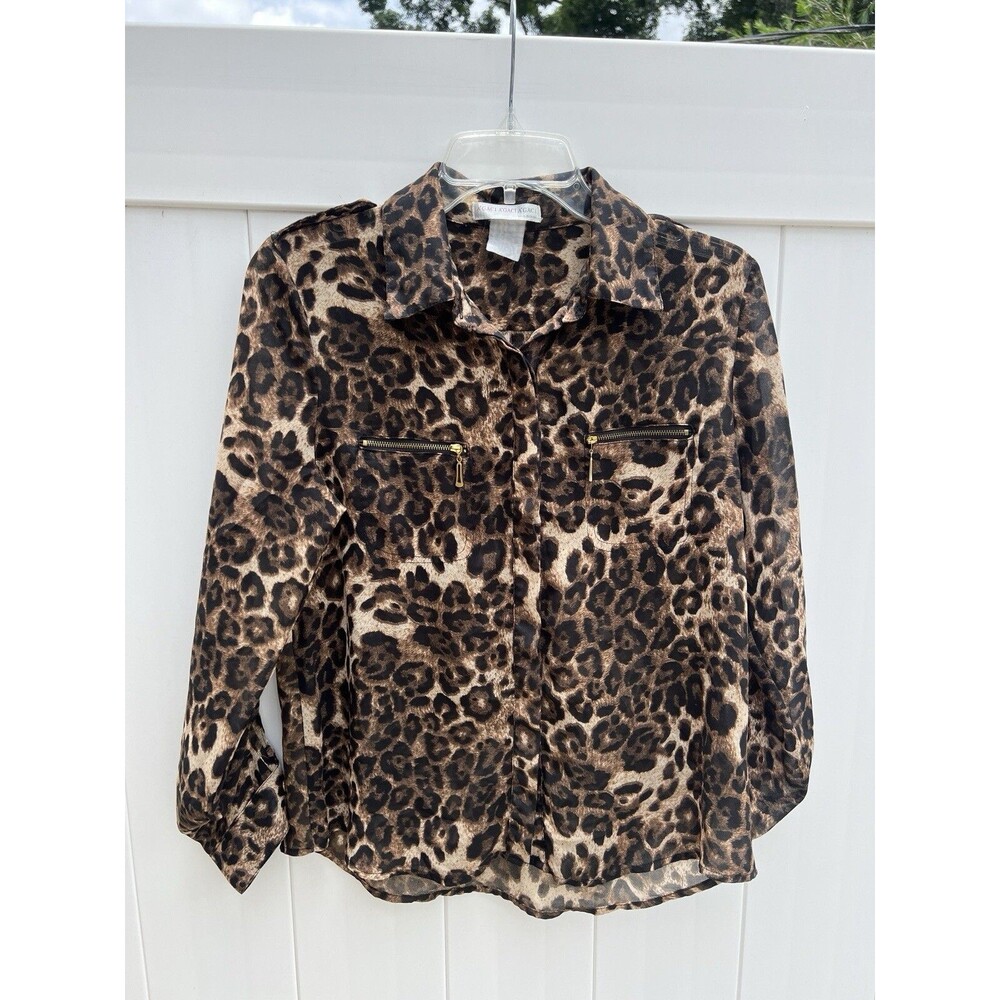 A'GACI A’GACI A’GACI Women’s Medium* Sheer Button Up Cheetah Roll Tab Sleeve Vtg